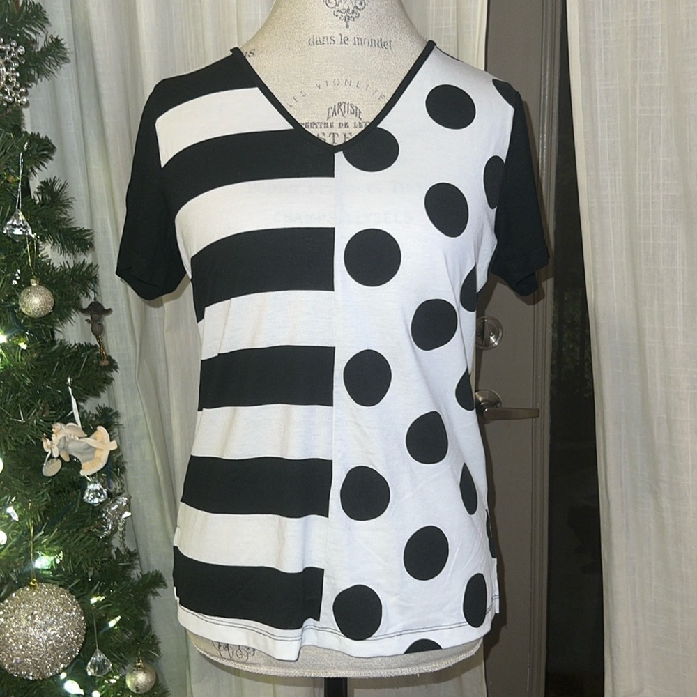 Elena Wang black & white striped polka dot shortsleeve shirt women’s top Small